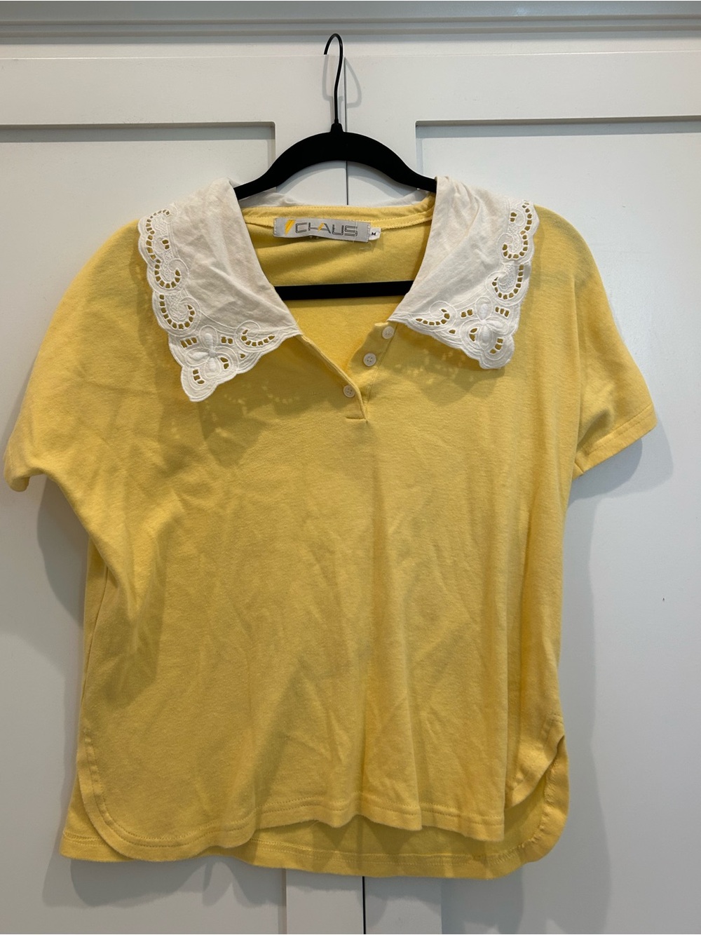 Vintage Y2K Yellow Eyelet Lace Collar Baby Tee Top Size M